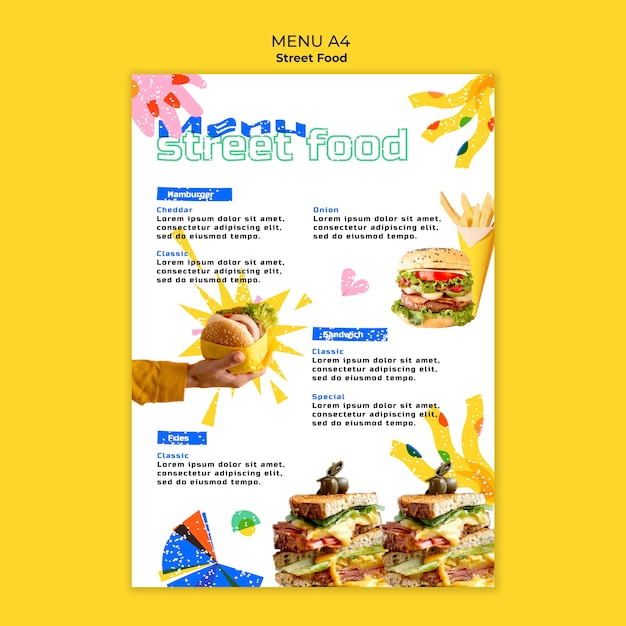 Modello di menu di cibo di strada disegnato a mano