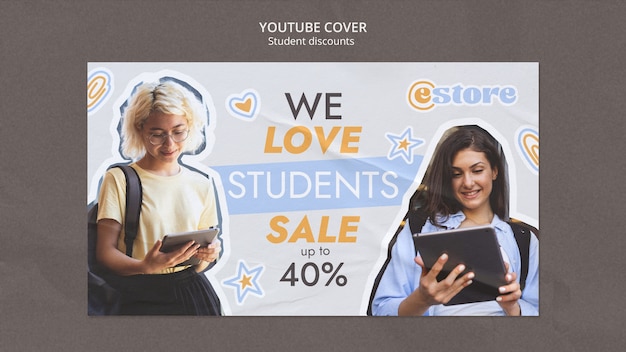 PSD gratuito copertina di youtube con sconti per studenti disegnati a mano