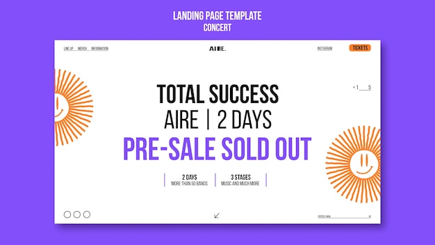 Free PSD hand drawn sun concert landing page