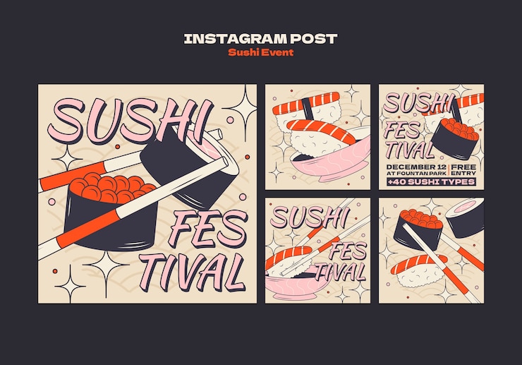 Free PSD hand drawn sushi event instagram posts