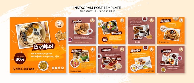 Free PSD hand drawn tasty breakfast instagram posts