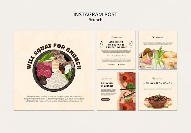 Бесплатный PSD Нарисованные от руки посты в instagram о вкусном позднем завтраке
