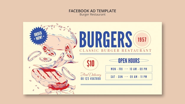 Free PSD hand drawn tasty burger restaurant facebook template