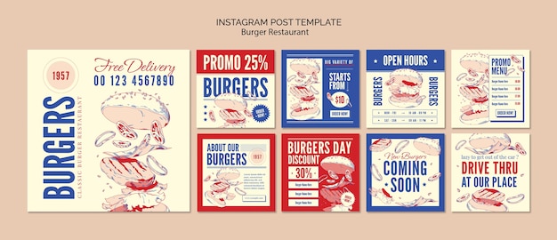 Free PSD hand drawn tasty burger restaurant instagram posts