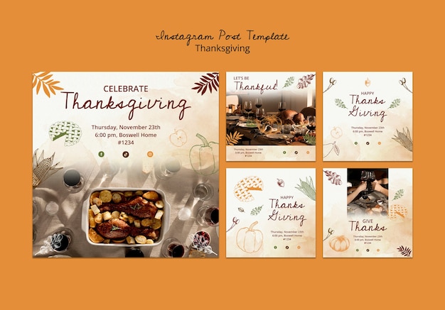 Free PSD hand drawn thanksgiving celebration  instagram posts