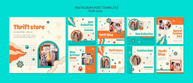Free PSD hand drawn thrift store instagram posts template