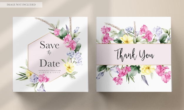 無料PSD 手描きの水彩画の花の結婚式の招待状