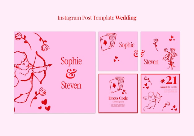 PSD gratuito post di instagram per la celebrazione del matrimonio disegnati a mano