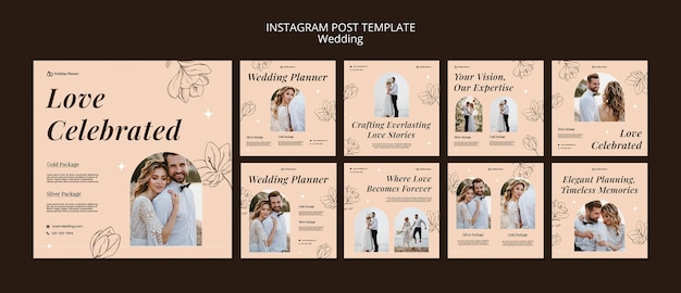 Free PSD hand drawn wedding celebration  instagram posts