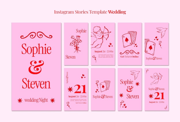 PSD gratuito storie di instagram per la celebrazione del matrimonio disegnate a mano