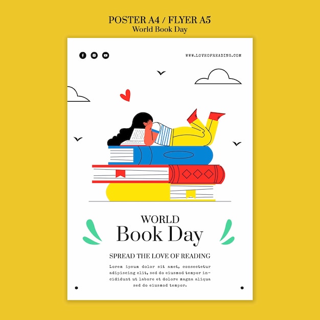 Modello di volantino per la giornata mondiale del libro disegnato a mano