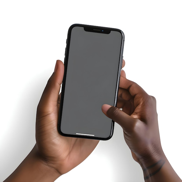 Hand holding a black smartphone with blank screen isolated on white background