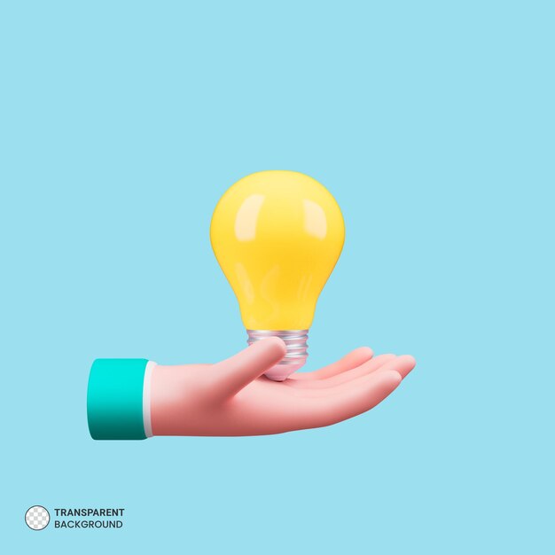 Hand holding light bulb idea generation concept icon 3d render