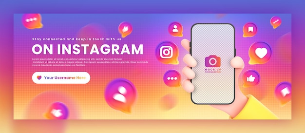 Hand holding phone instagram icons around 3d rendering mockup for promotion facebook cover template