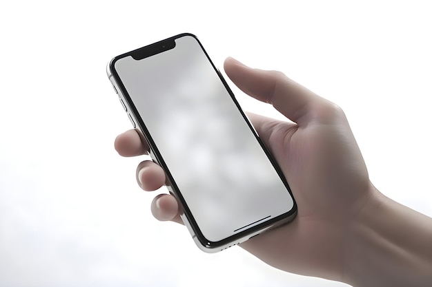 Hand holding a smart phone with a blank screen isolated on white background