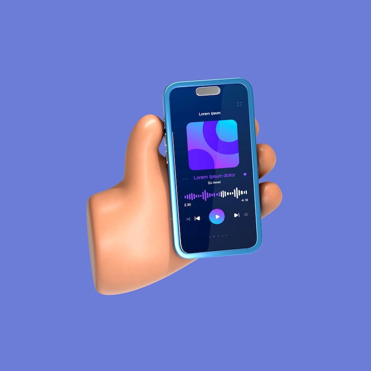 Free PSD hand holding a smartphone playing music