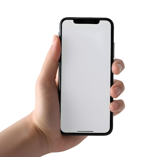 Free PSD hand holding smartphone with blank screen isolated on white background clipping path