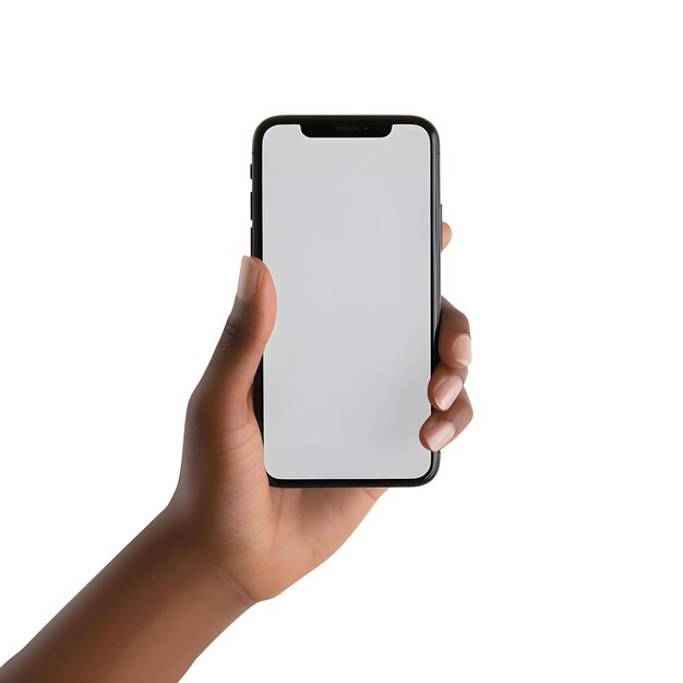 白い背景に隔離された空の画面のスマートフォンを手に持っている