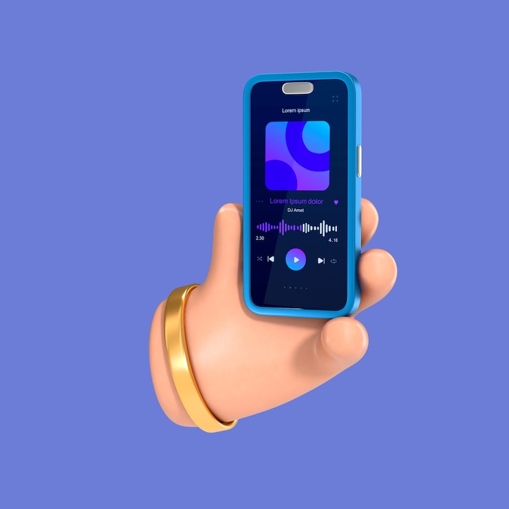 Free PSD hand holding smartphone with music player app