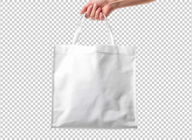 Mano che tiene la borsa in cotone bianco isolato su sfondo