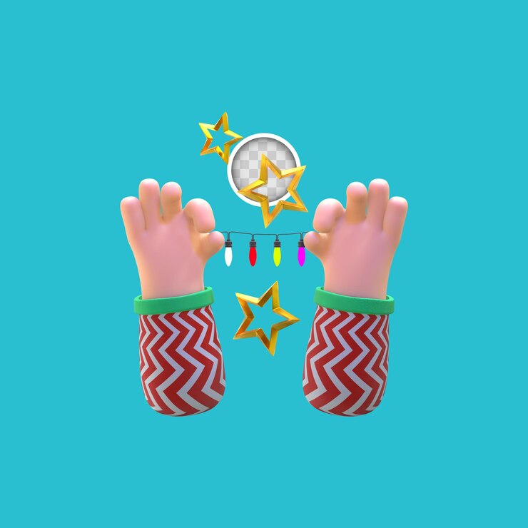 Free PSD hands holding christmas lights with decorations and stars