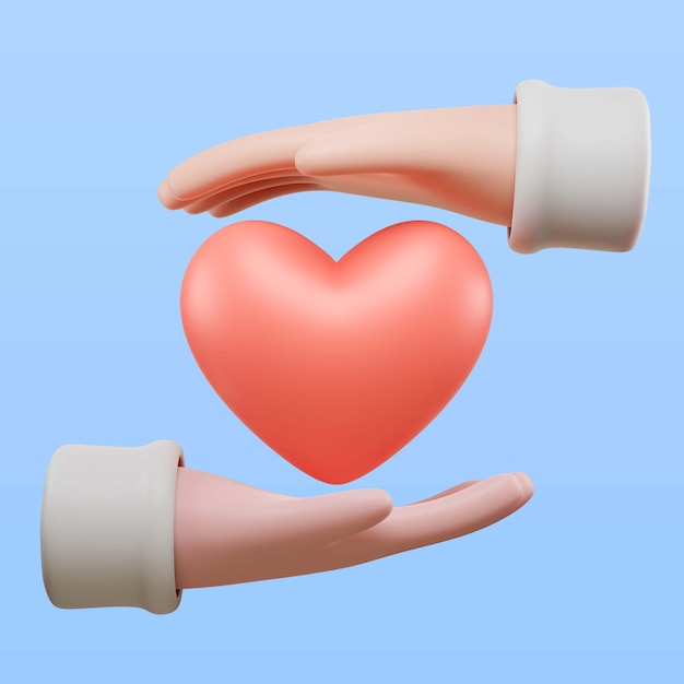 Руки держат значок символа сердца в 3D-рендеринге