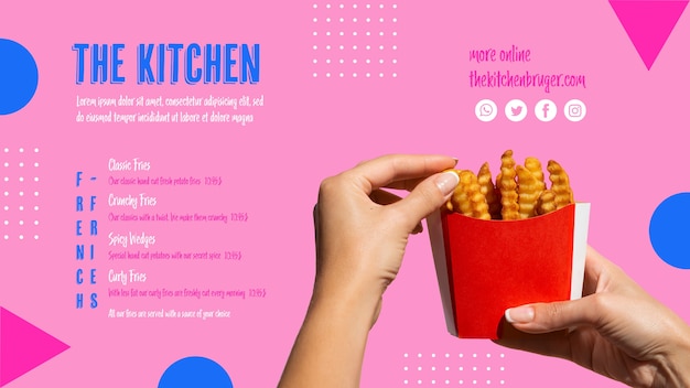 Free PSD hands picking french fries from paper box