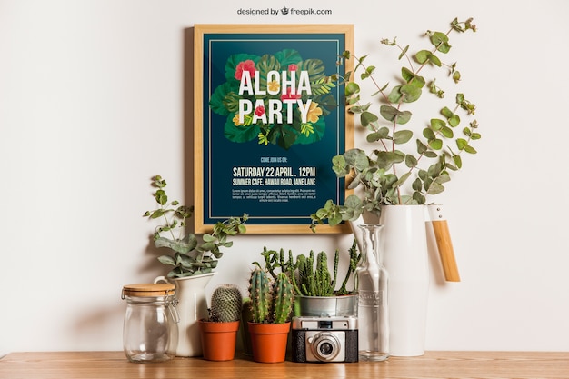 Free PSD hanging frame mockup with plants