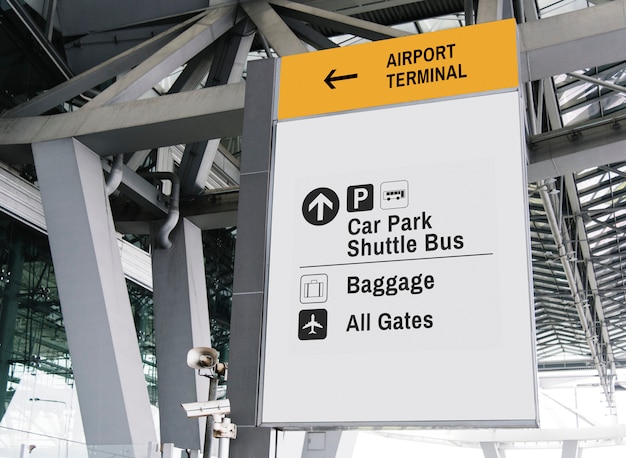 Hanging white sign mockup at airport