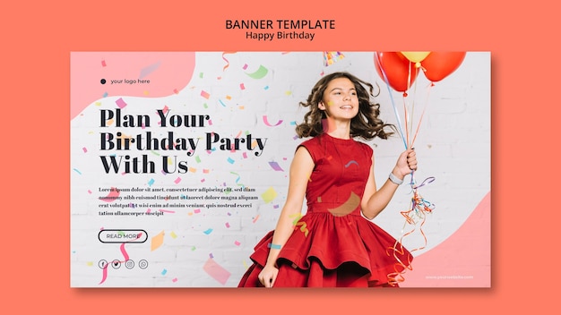 Free PSD happy birthday banner template with girl in red dress