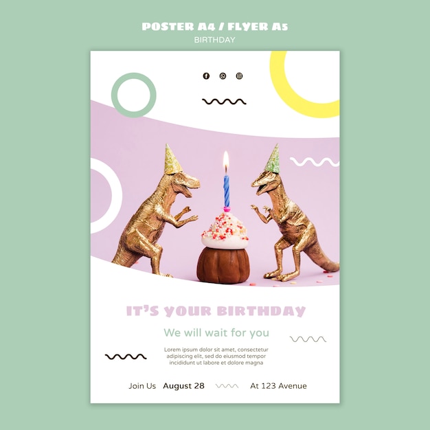 PSD gratuito poster di buon compleanno con dinosauri