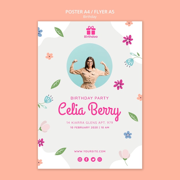 PSD gratuito buon compleanno con poster giovane donna e fiori