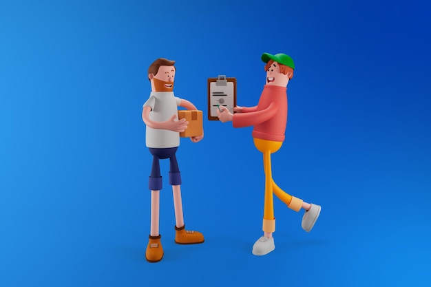 Free PSD happy customer signing for delivery from courier on isolated background man signing receipt of package delivery delivery concept 3d render cartoon character