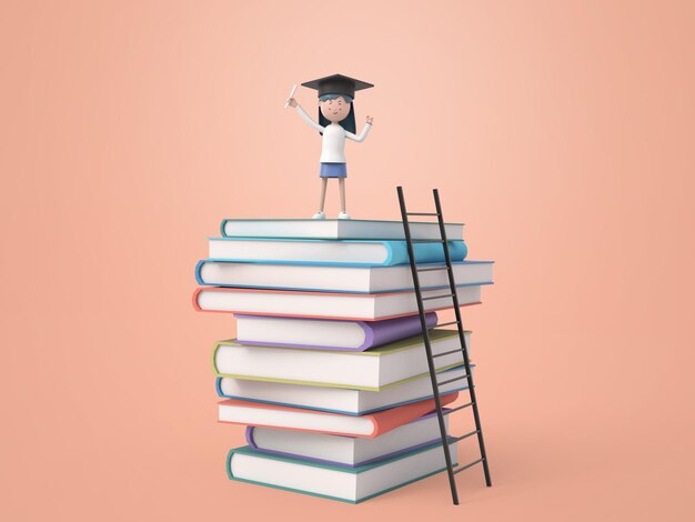 Happy excited girl graduate in a graduation cap on her head standing on stack of books isolated background