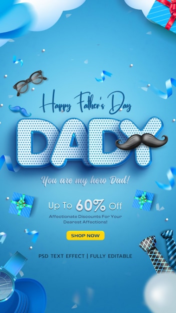 Free PSD happy fathers day sale advertising instagram story with editable text effect