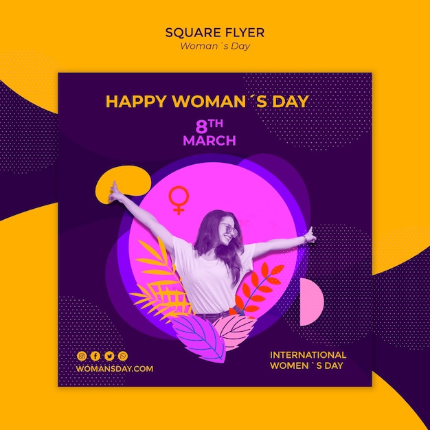 Free PSD happy female and leaves women's day square flyer