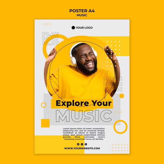 Happy man listening to music poster template