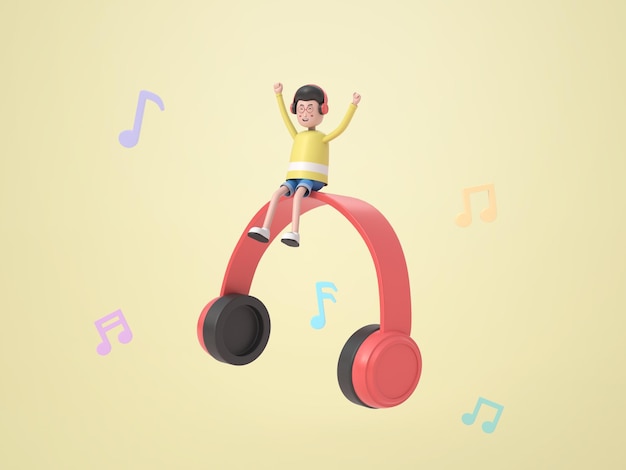 Free PSD happy man listening to music while sitting on big headphone on isolated background