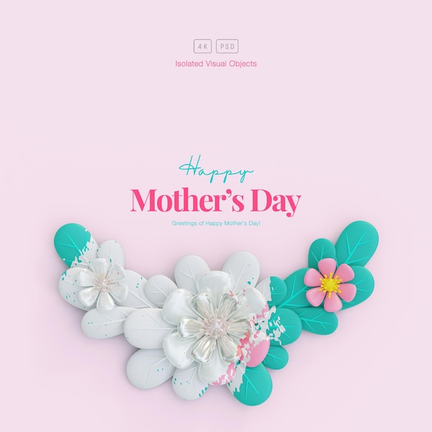Free PSD happy mother's day greeting background decorated with cute flowers and leaves