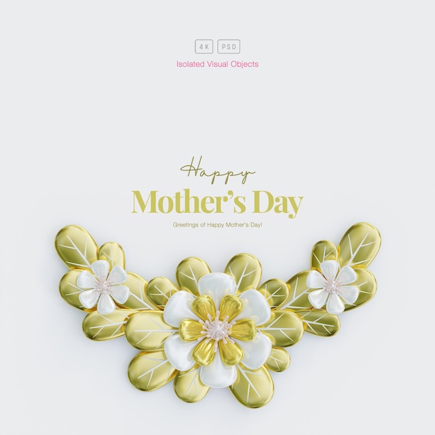 Free PSD happy mother's day greeting background decorated with cute golden flowers and leaves