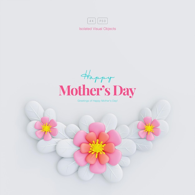 Free PSD happy mother's day greeting background decorated with cute pink flowers and leaves