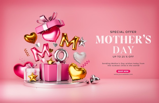 PSD gratuito felice festa della mamma con modello di banner scatola regalo a sorpresa