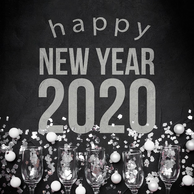Happy New Year 2020 With Balls And Glasses
