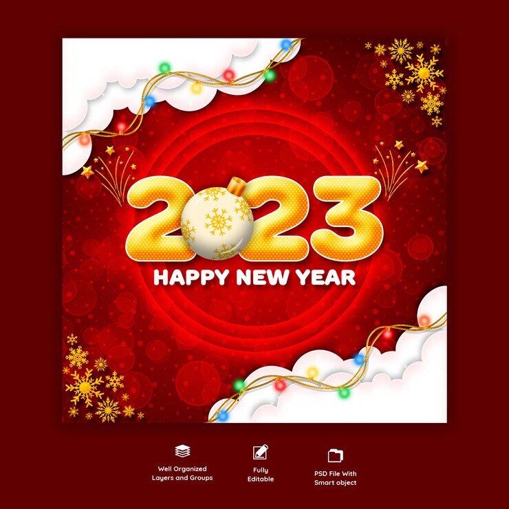 मुफ़्त PSD happy new year 2023 and christmas social media banner or instagram post template