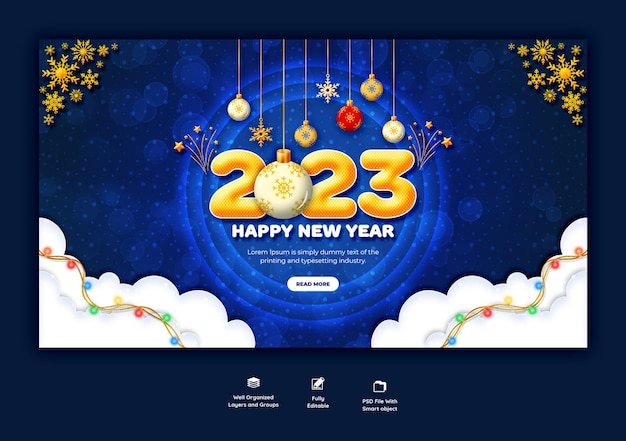 Free PSD happy new year 2023 and merry christmas web banner template