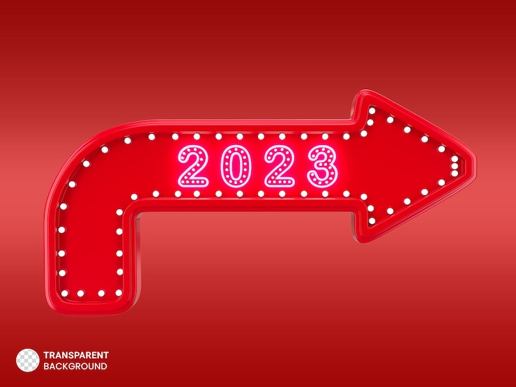 Бесплатный PSD с новым 2023 годом на неоновой стрелке 3d дизайн шаблона рендеринга