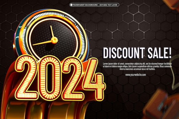 Free PSD happy new year 2024 3d banner design template