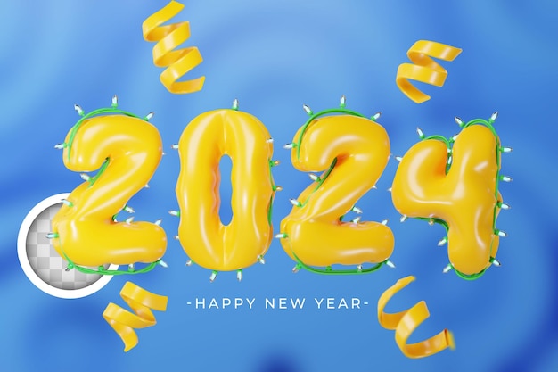 Happy new year 2024 3d illustration of yellow foil balloon numeral on blue background