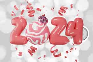 Free PSD happy new year 2024 3d render of number 2014 with pink balloon and confetti