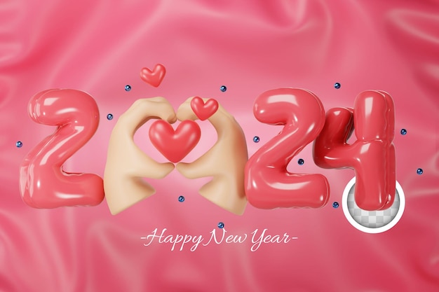 Free PSD happy new year 2024 3d rendering pink balloons with hearts